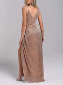 Vestido Longo Metalizado Fenda Frontal Thais